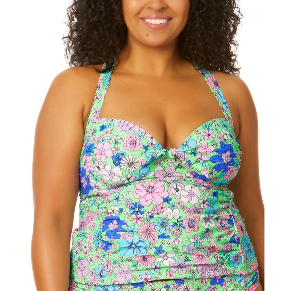 Trendy Plus Size Peony Party Molded-Cup X-Back Tankini Top